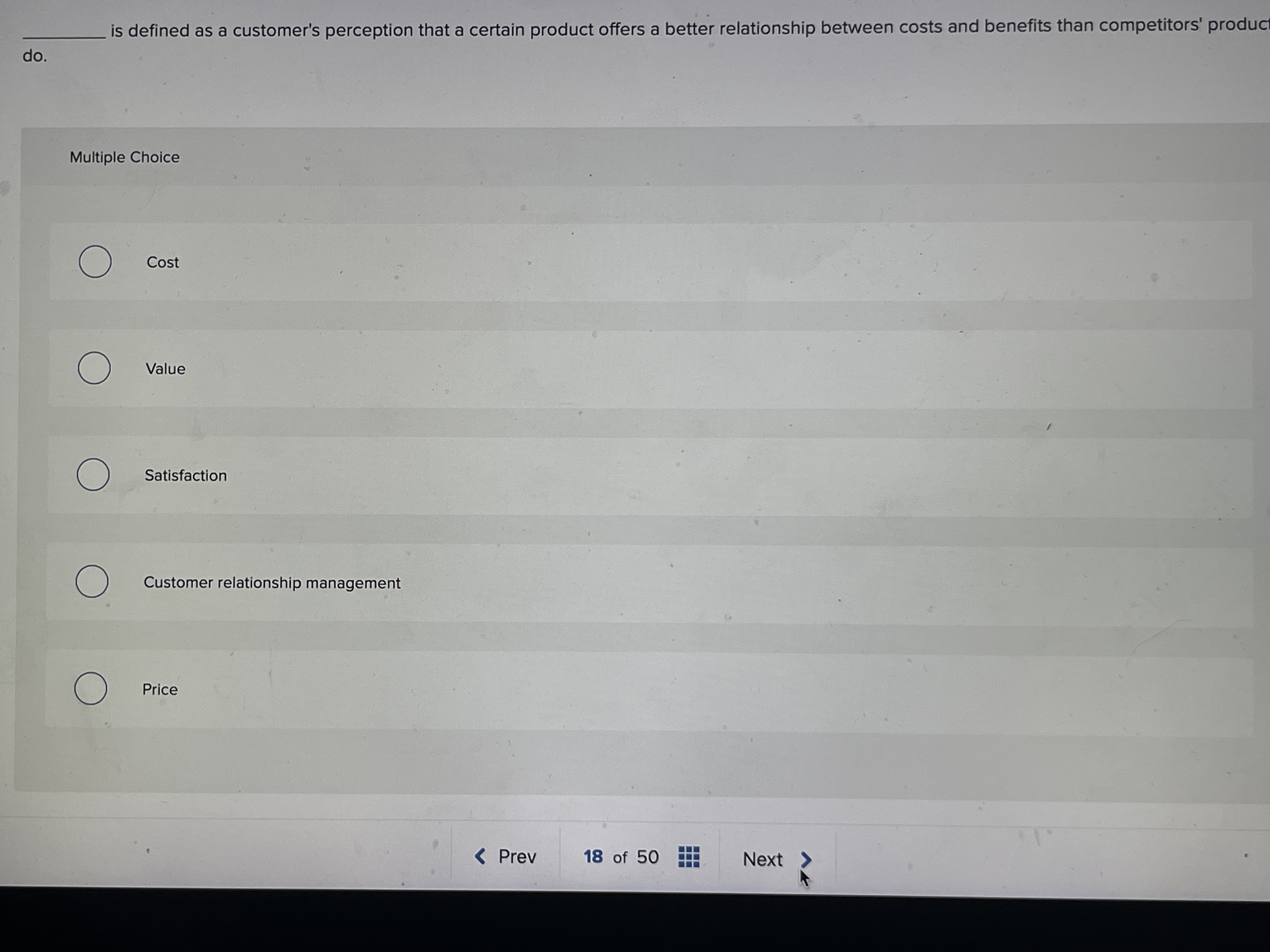  is defined as a customer's perception that a certain product offers