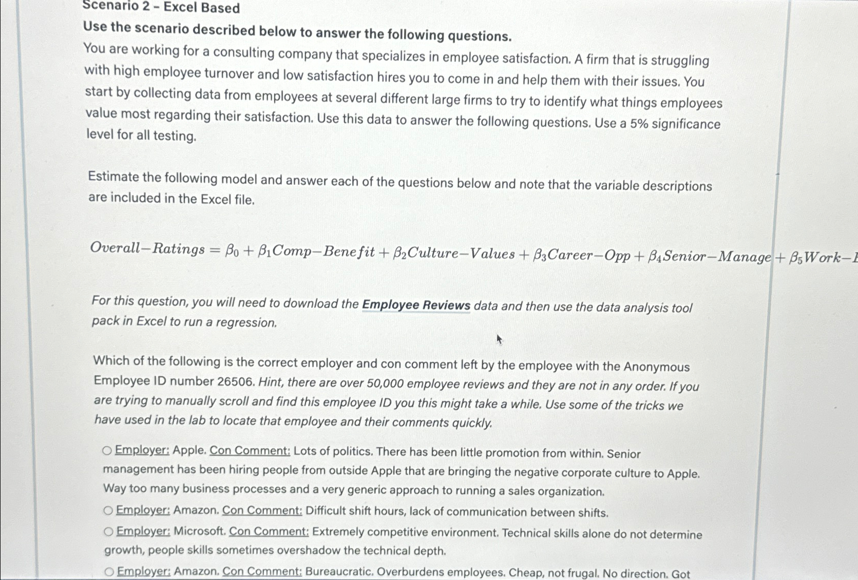  Scenario 2- Excel Based Use the scenario described below to answer