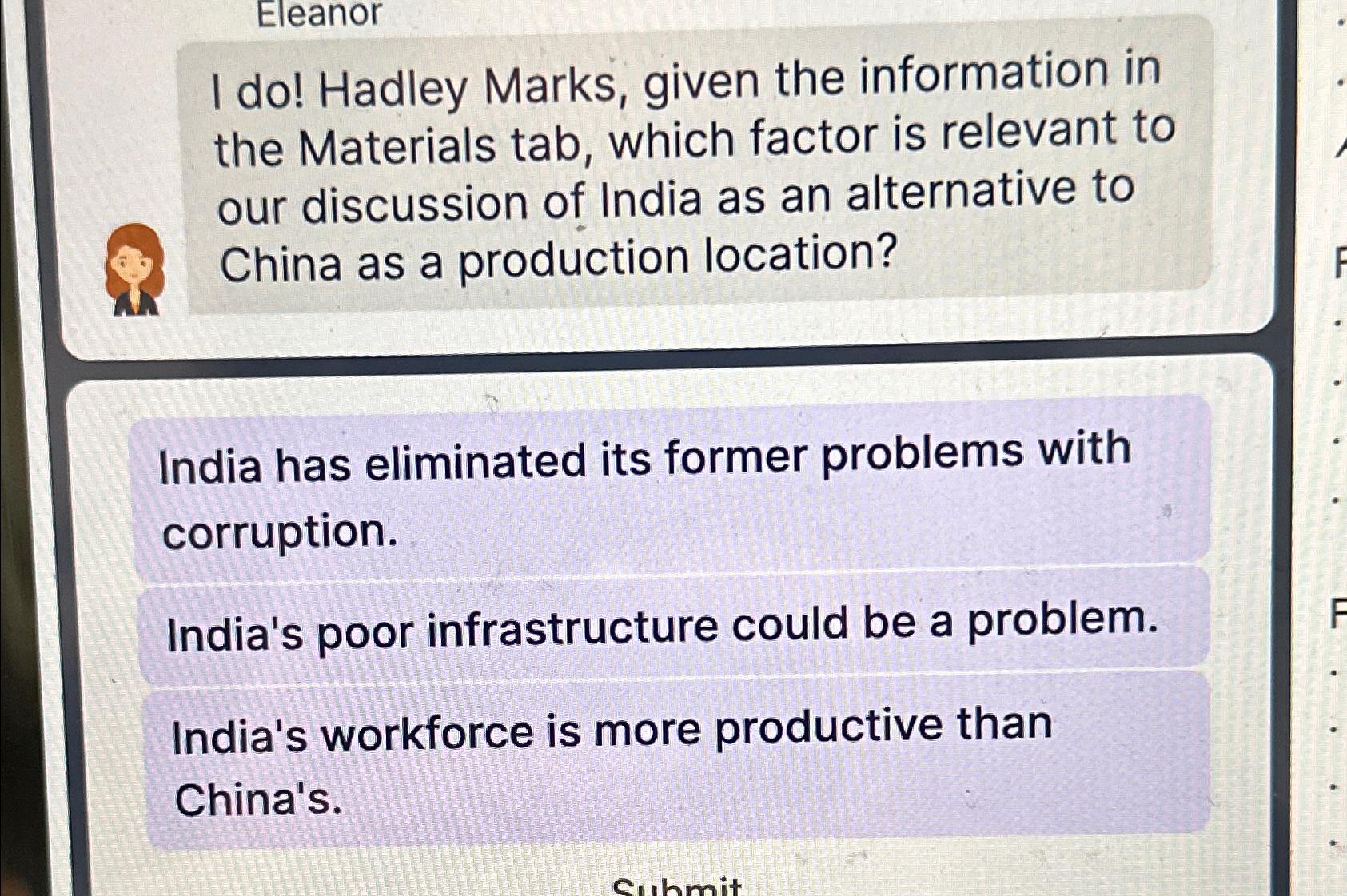  Eleanor I do! Hadley Marks, given the information in the Materials