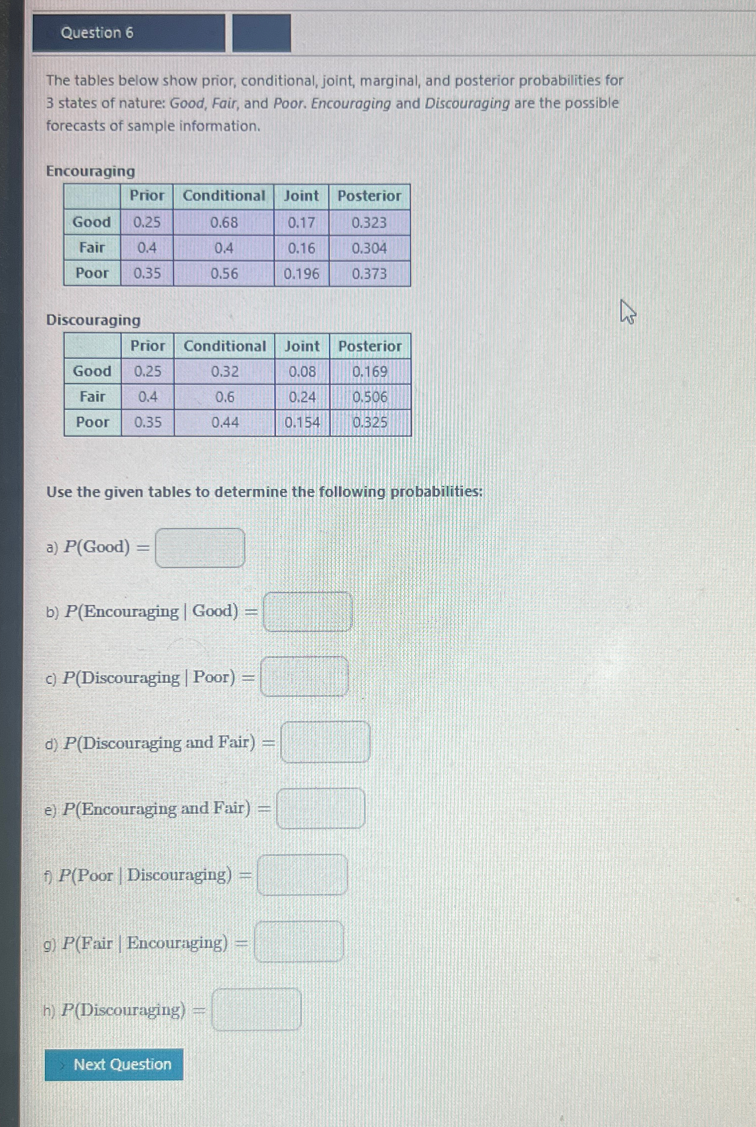  Question 6 The tables below show prior, conditional, joint, marginal, and