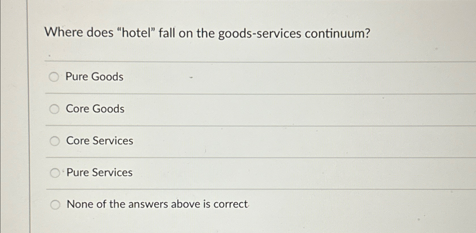  Where does "hotel" fall on the goods-services continuum? Pure Goods Core