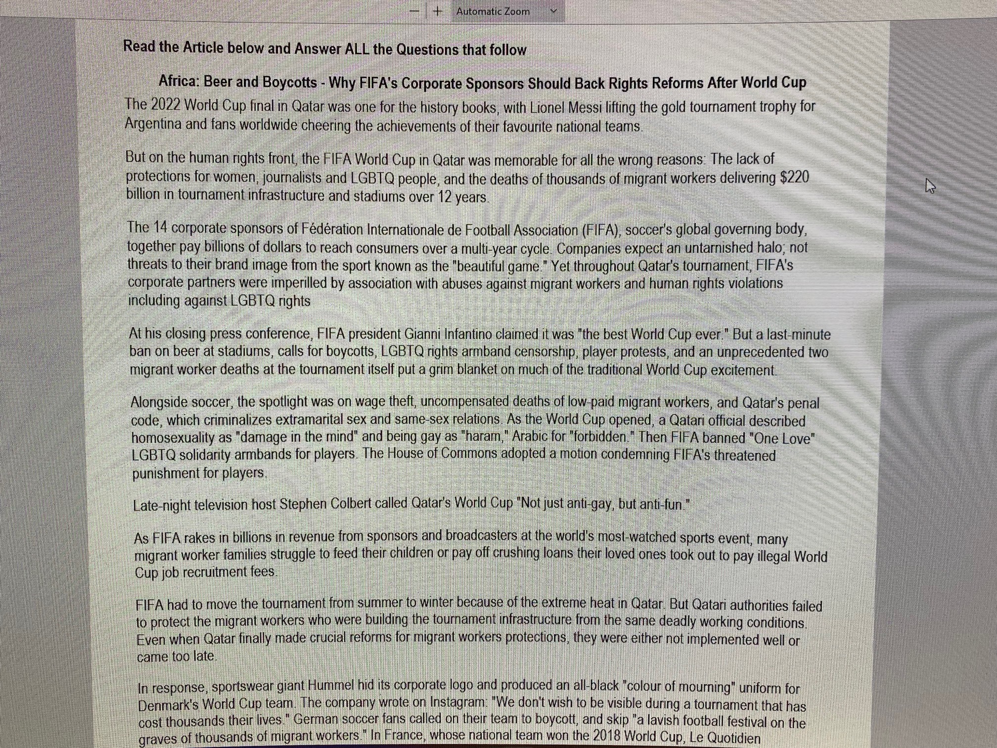 Read the Article below and Answer ALL the Questions that follow