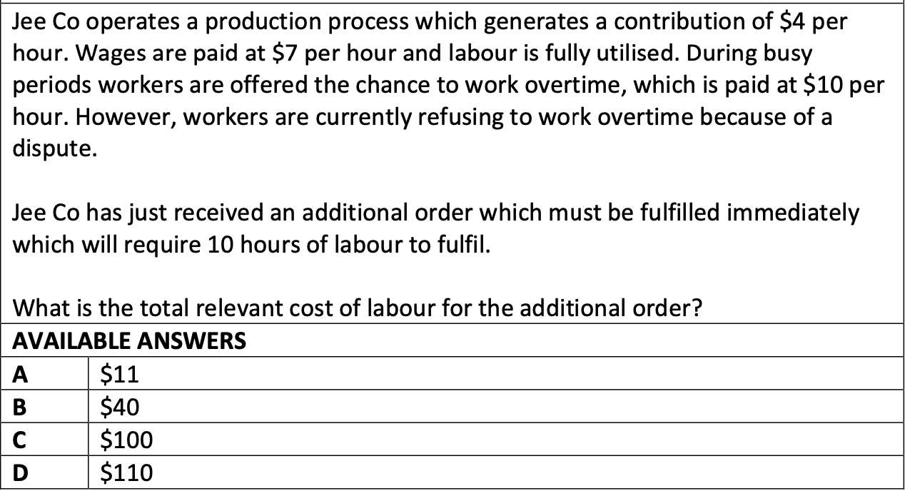  Jee Co operates a production process which generates a contribution of