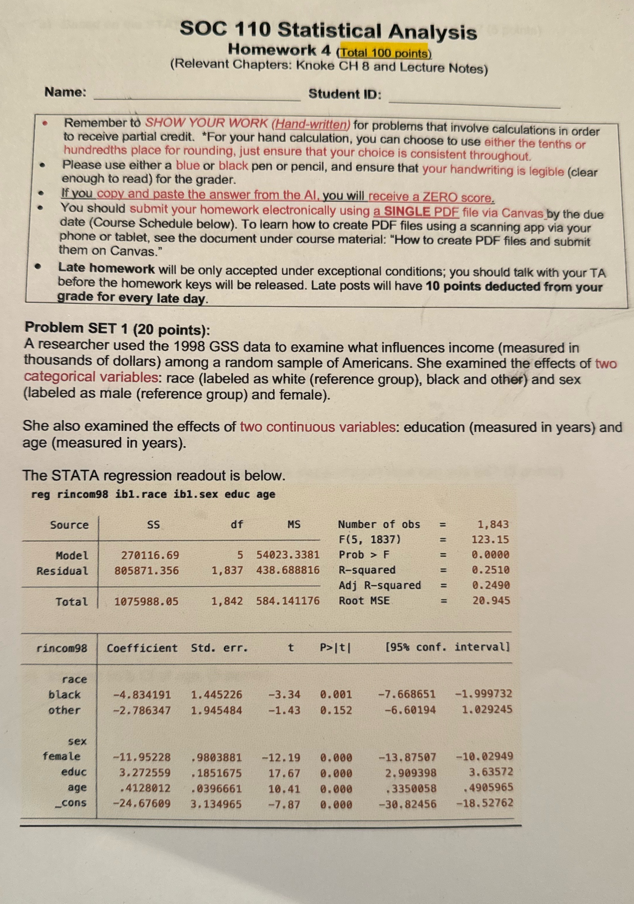 SOC 110 Statistical Analysis Homework 4 (Relevant Chapters: Knoke CH 8