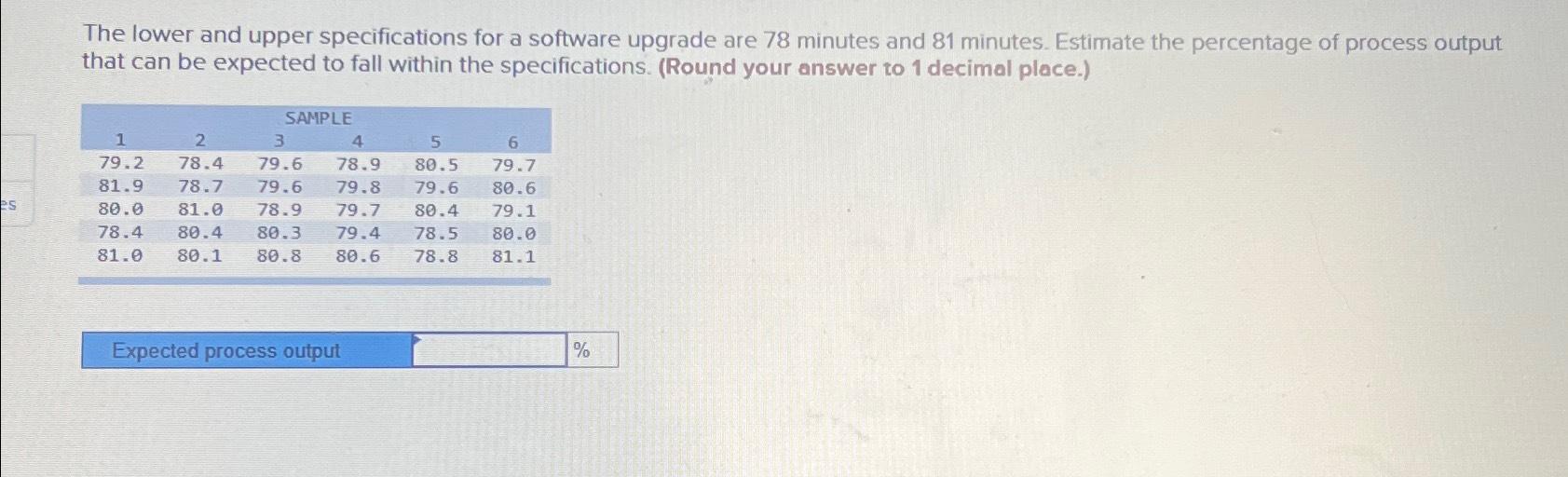  The lower and upper specifications for a software upgrade are 78