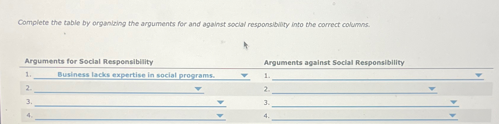  Complete the table by organizing the arguments for and against social