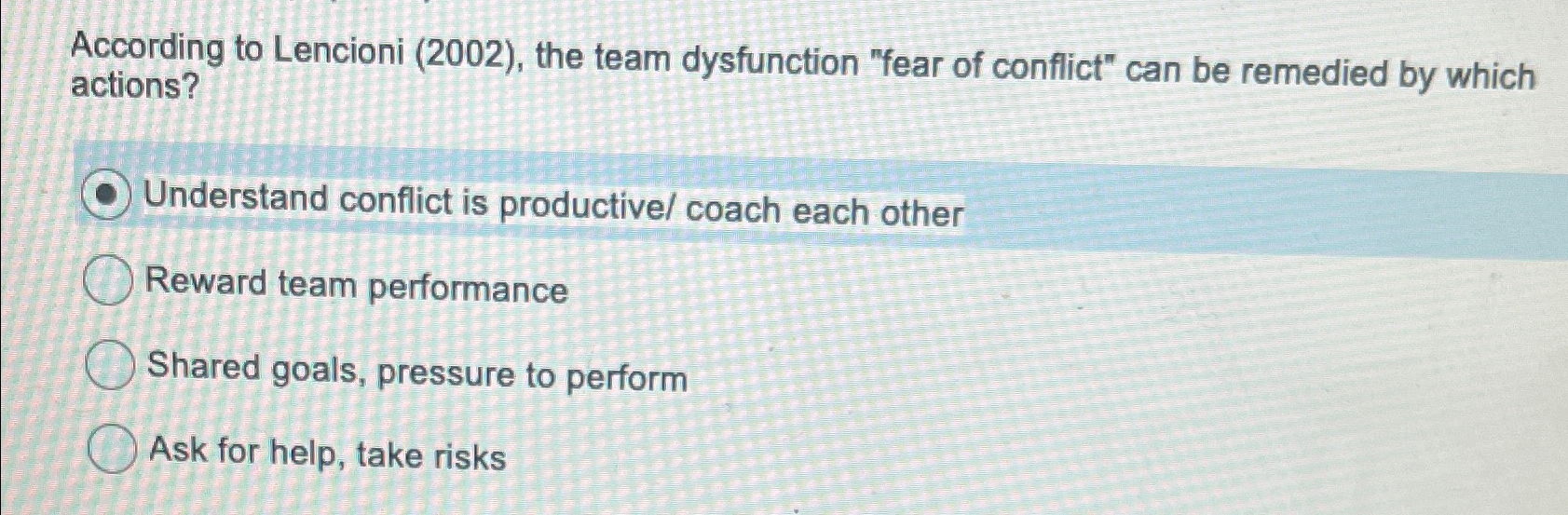  According to Lencioni (2002), the team dysfunction "fear of conflict" can