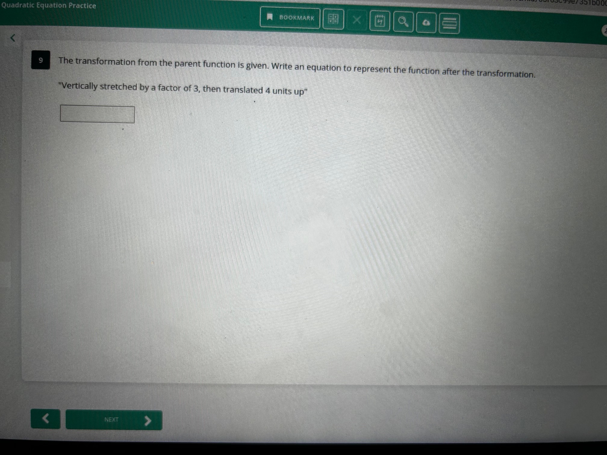 given. Write an equation to represent the function after the transformation. "Reflected