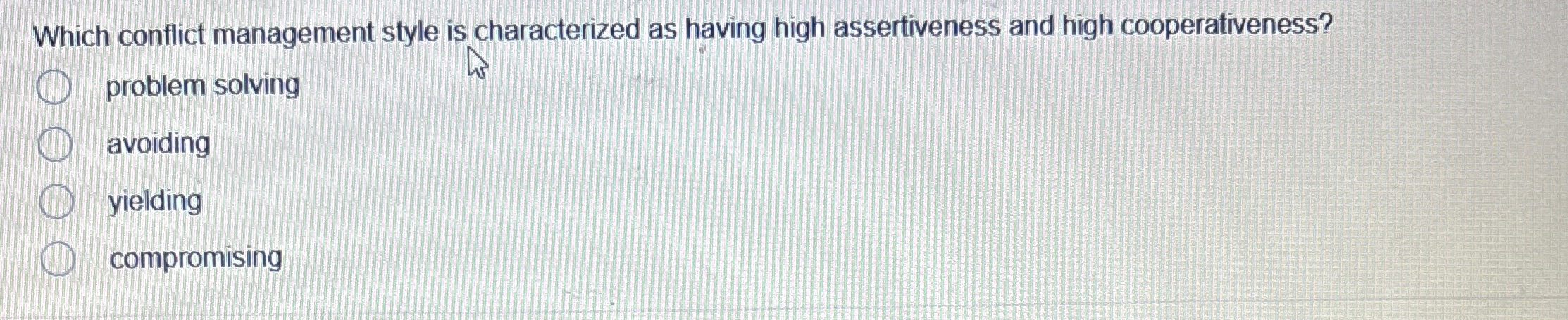  Which conflict management style is characterized as having high assertiveness and