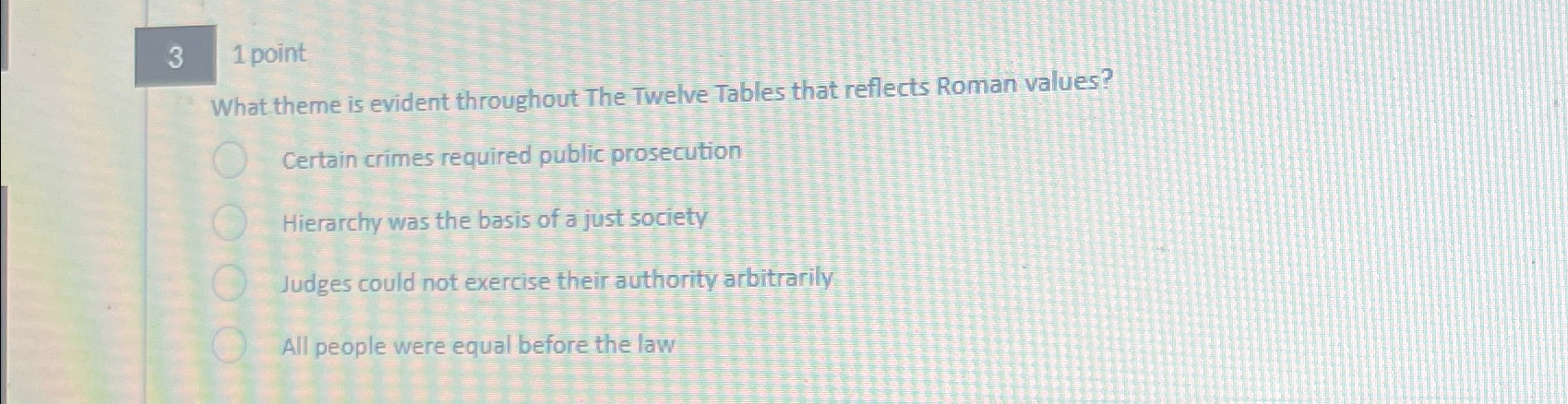  3 point What theme is evident throughout The Twelve Tables that