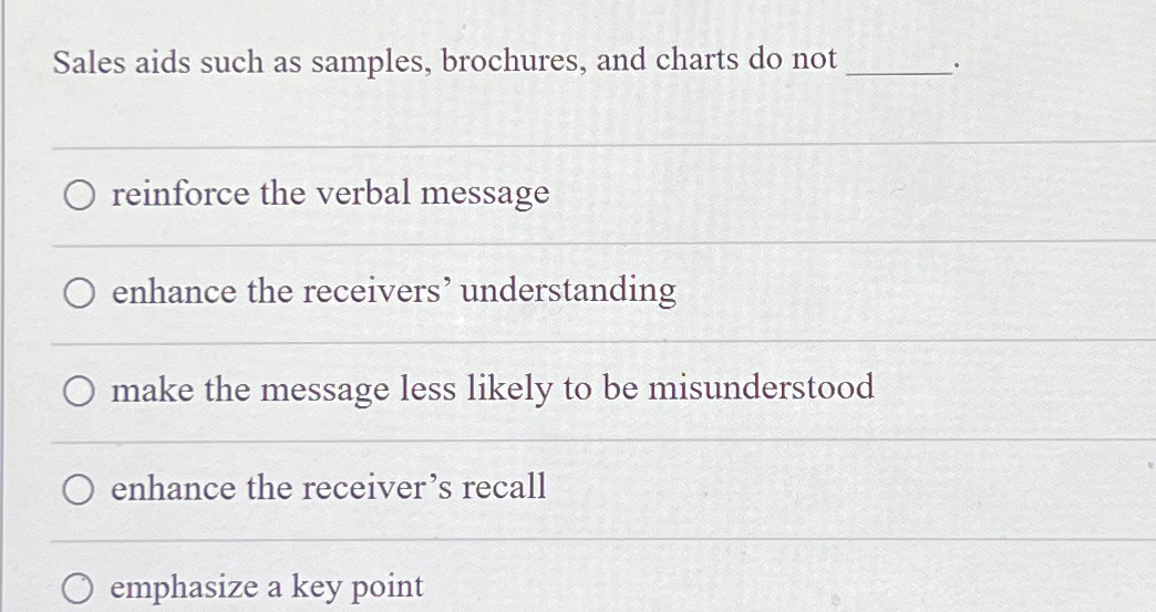  Sales aids such as samples, brochures, and charts do not reinforce