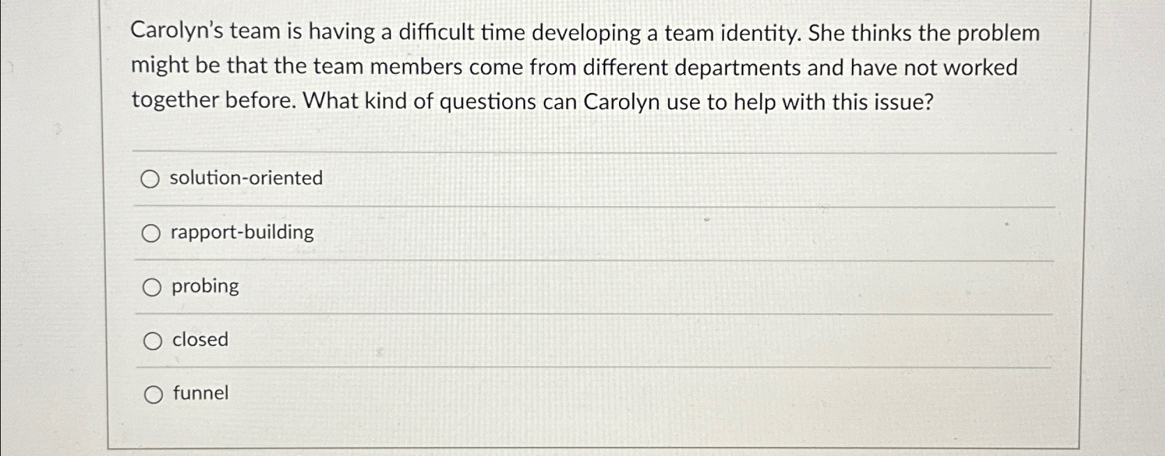 Carolyn's team is having a difficult time developing a team identity.