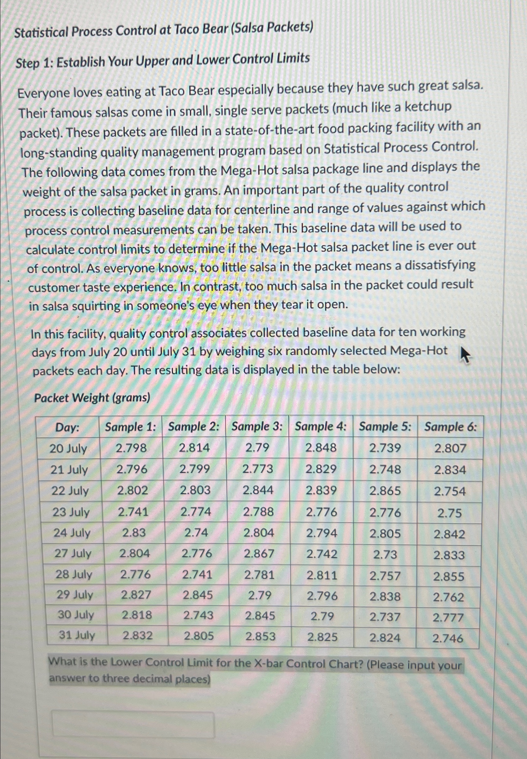  Statistical Process Control at Taco Bear (Salsa Packets) Step 1: Establish