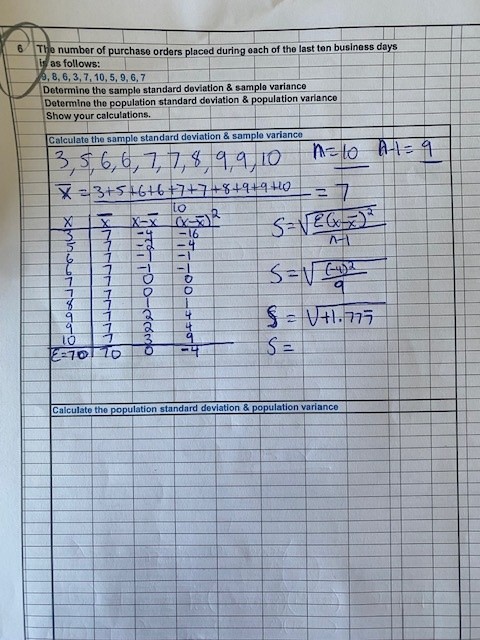  Determine the sample standard doviation \& sample variance Determine the population