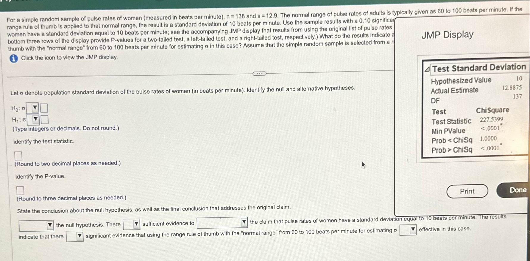 Answer the following questions:: e For a simple random sample of pulse