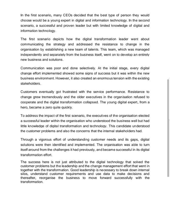 study and answer all the questions that follow. Leadership for Digital Transformation