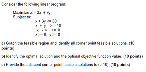  Consider the following linear program: Maximize Z=,3x+9y Subject to: ,x+3y60 ,x+y,10