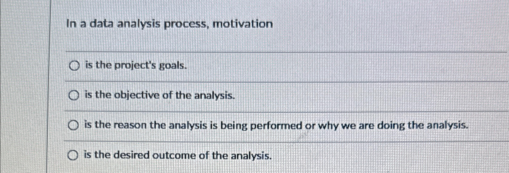  In a data analysis process, motivation is the project's goals. is