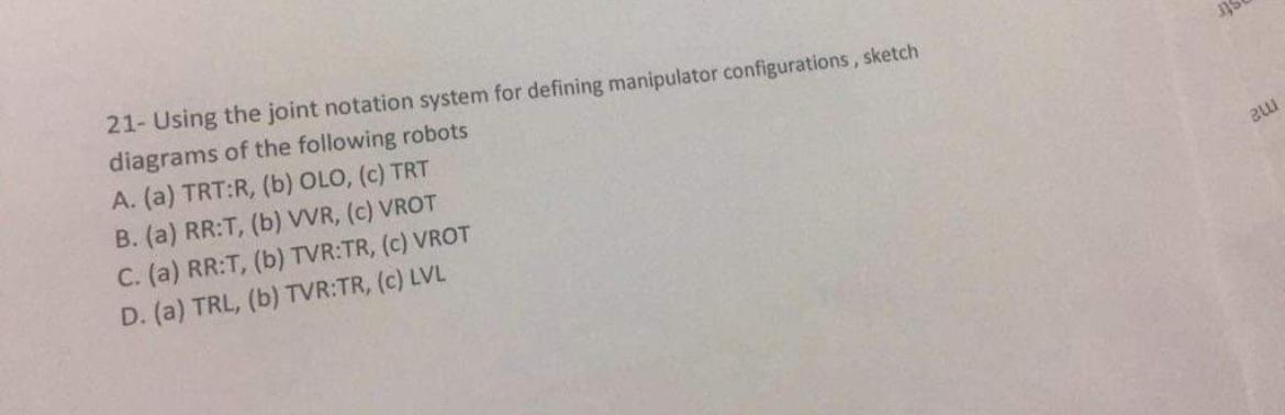  21- Using the joint notation system for defining manipulator configurations, sketch