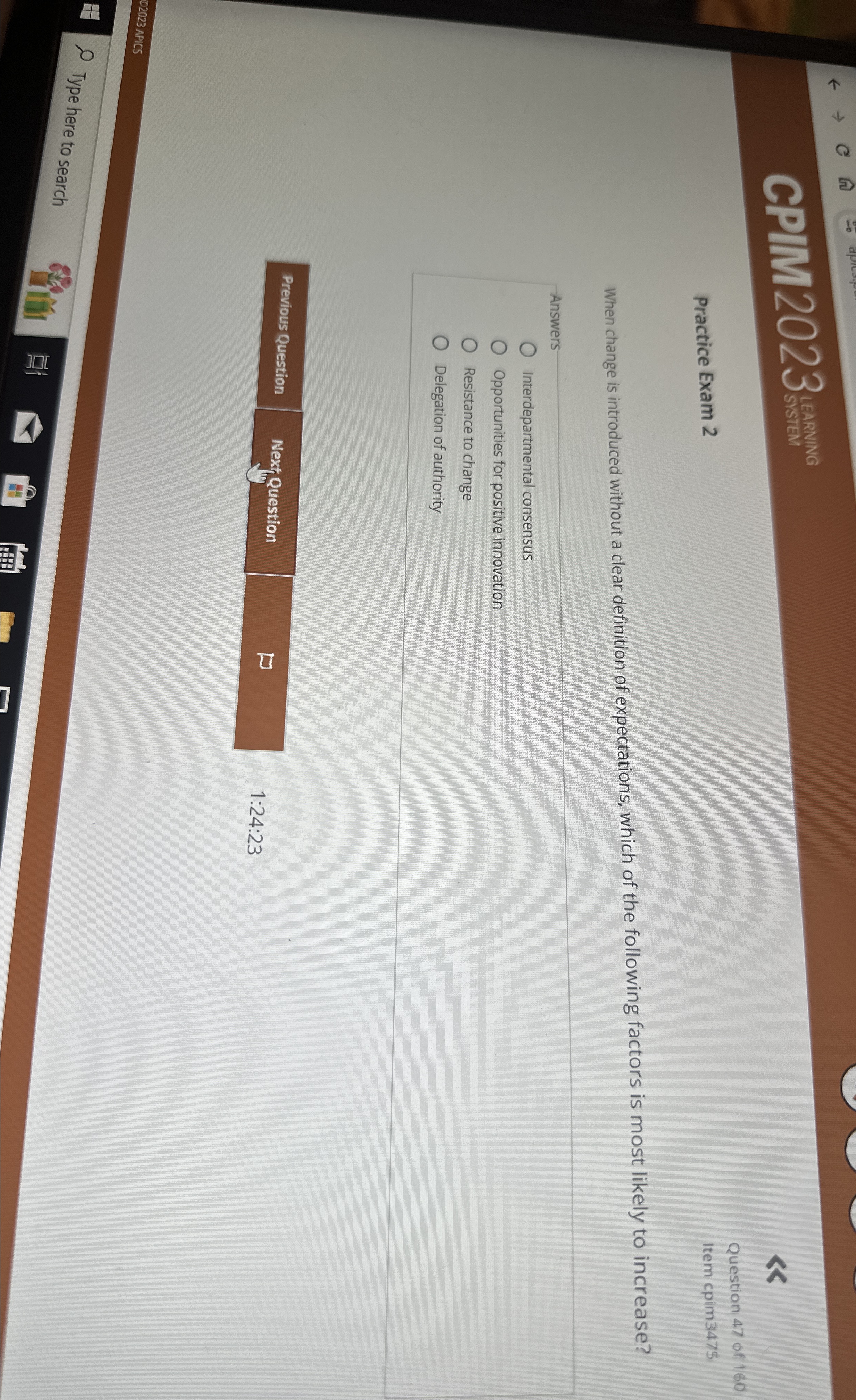 CPIM2023 Practice Exam 2 Question 47 of 160 Item cpim3475 When