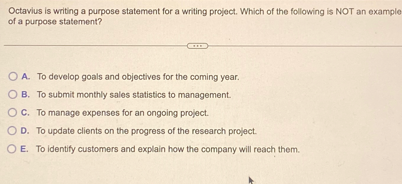  Octavius is writing a purpose statement for a writing project. Which