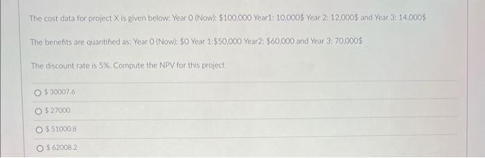  The cost data for project X is given below: Year O