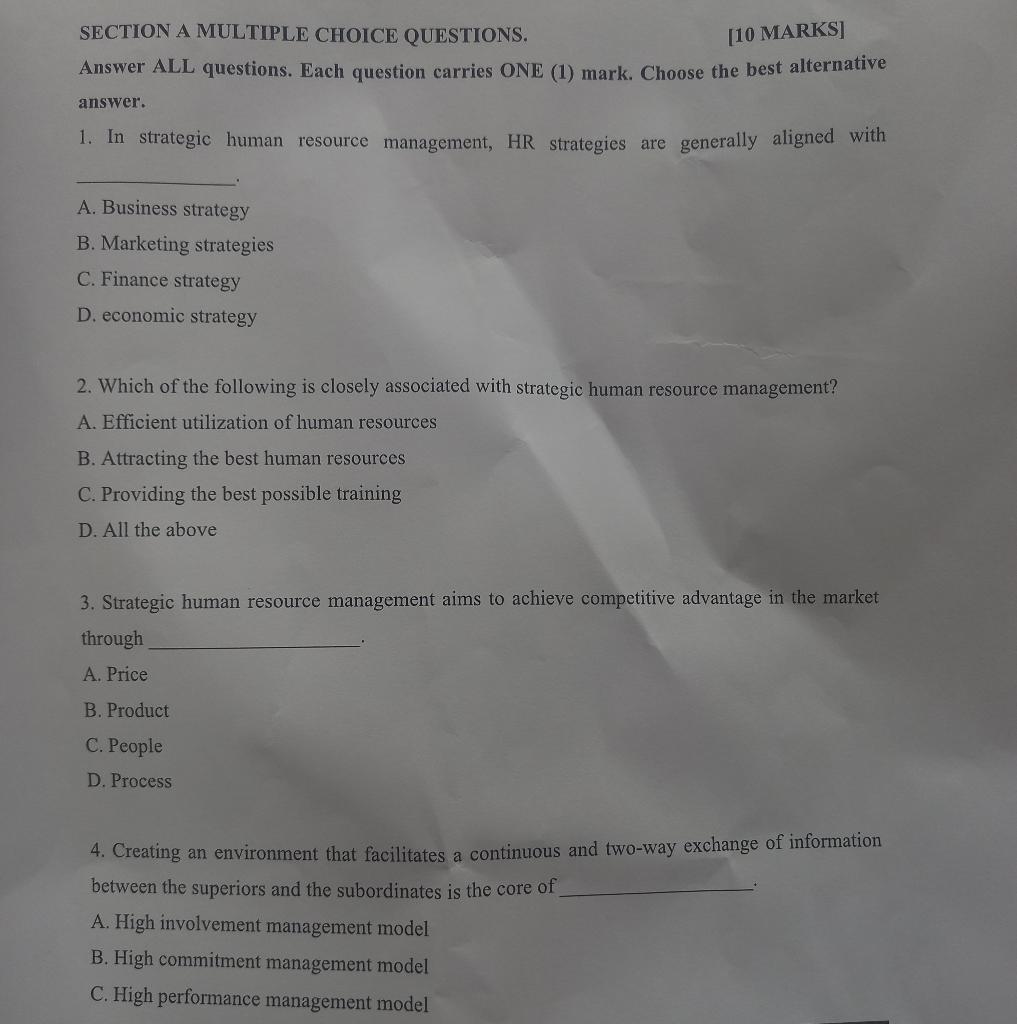  SECTION A MULTIPLE CHOICE QUESTIONS. [10 MARKS] Answer ALL questions. Each
