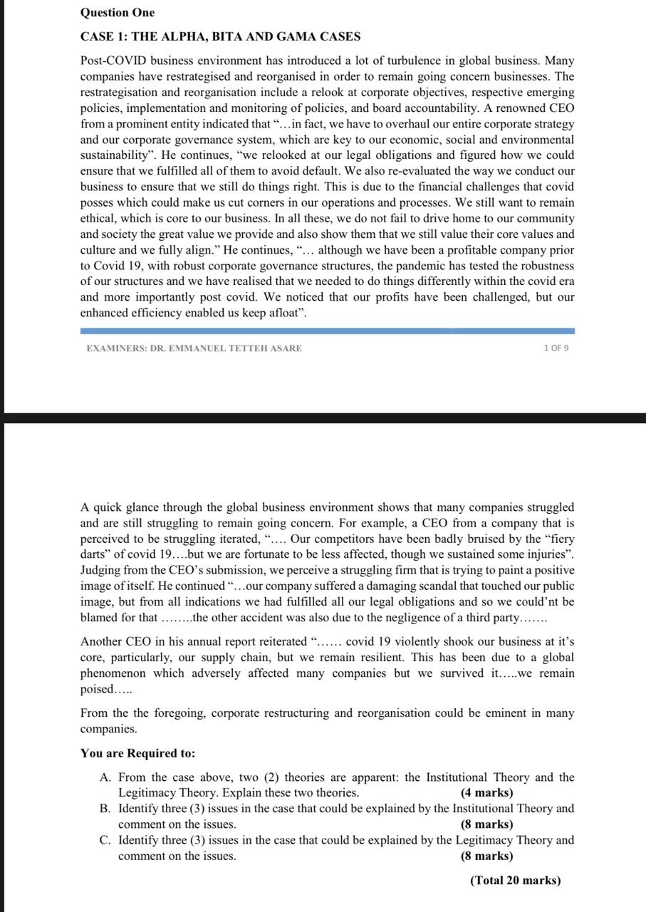  Question One CASE 1: THE ALPHA, BITA AND GAMA CASES Post-COVID