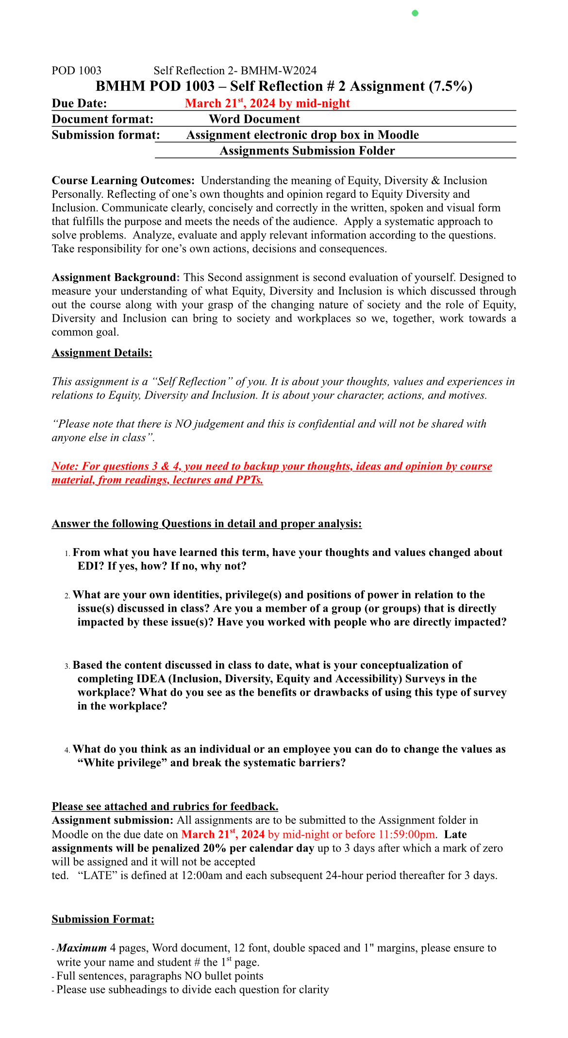  POD 1003 Self Reflection 2- BMHM-W2024 BMHM POD 1003- Self Reflection
