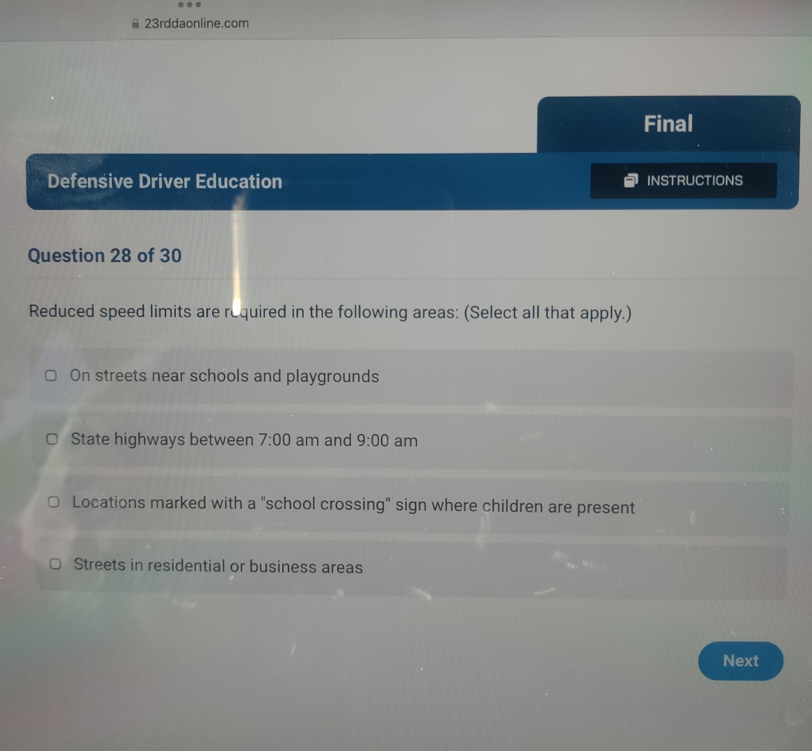  a 23rddaonline.com Final Defensive Driver Education Question 28 of 30 Reduced