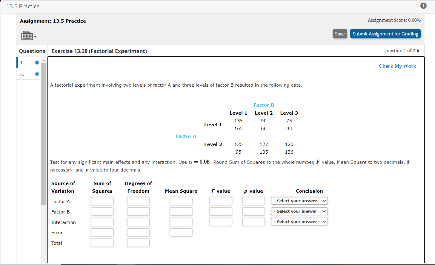  13.5 Practice Assignment: 13.5 Practice Assignment Score: 0.00% Save Submit Assignment