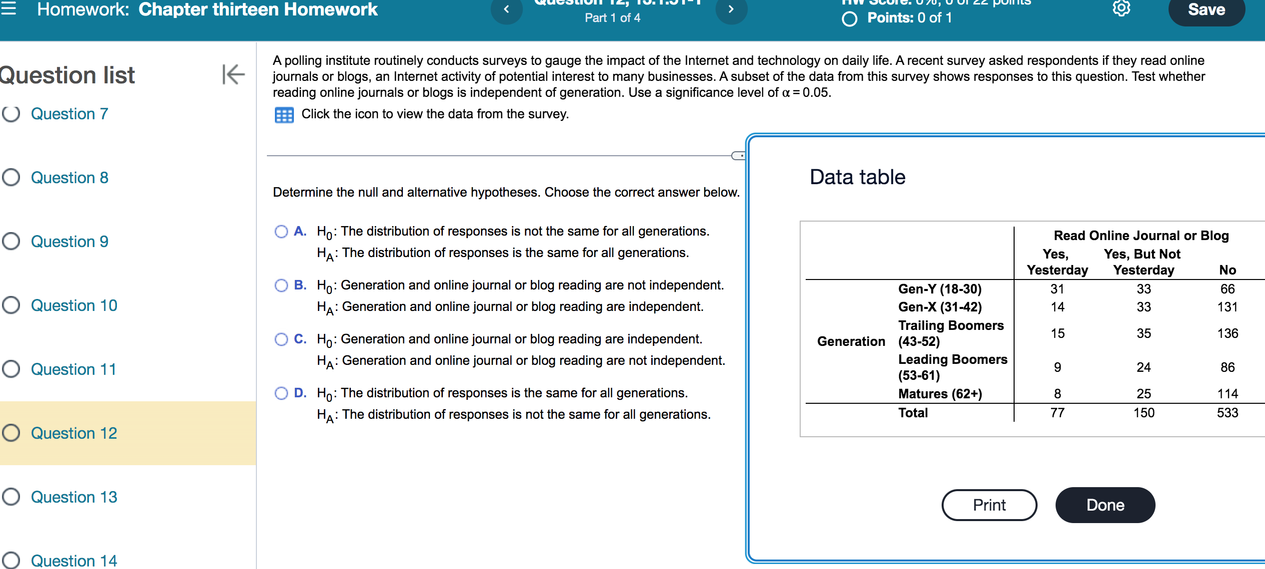 Chapter 13 Homework: Chapter thirteen Homework Part1 014 0 Points. 0 of