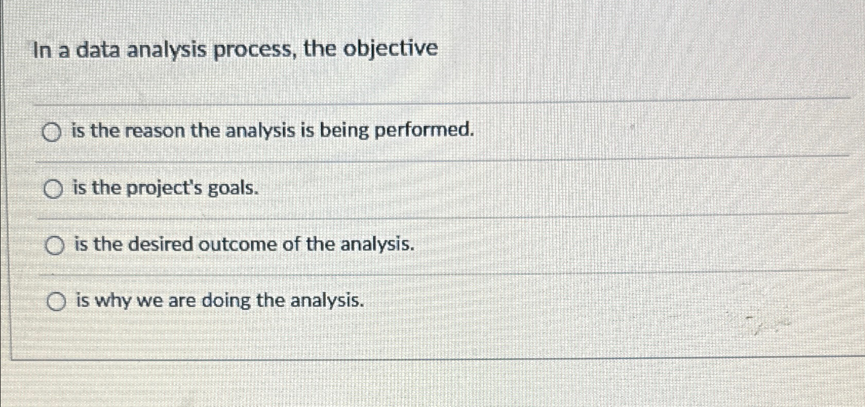 In a data analysis process, the objective is the reason the