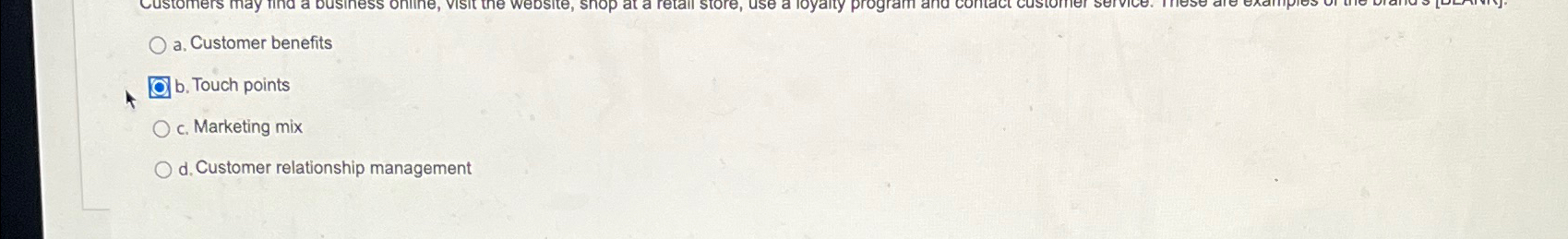  a. Customer benefits b. Touch points c. Marketing mix d. Customer