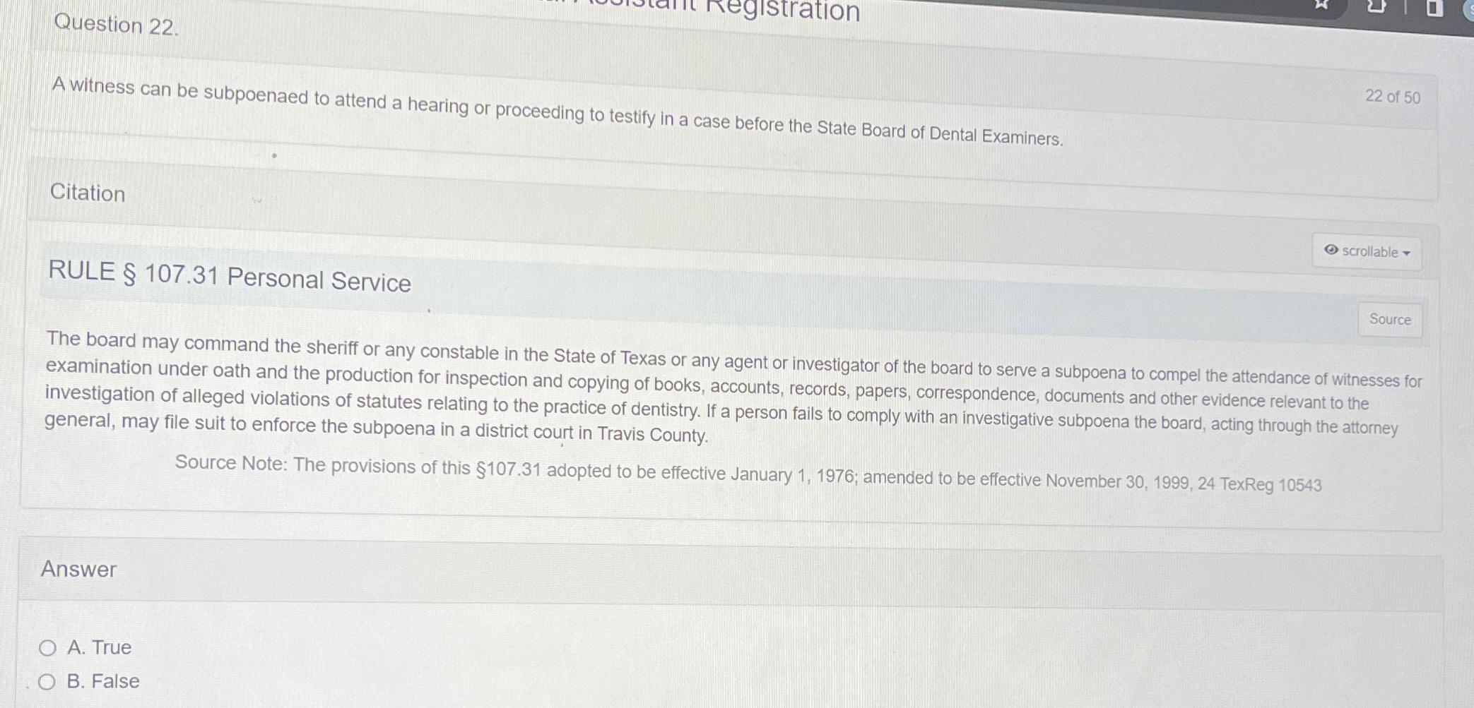  Question 22. 22 of 50 A witness can be subpoenaed to