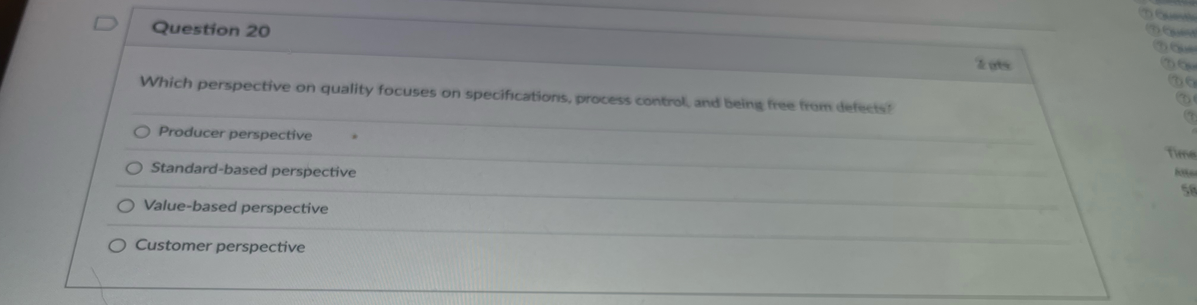  Question 20 Which perspective on quality focuses on specifications, process control,