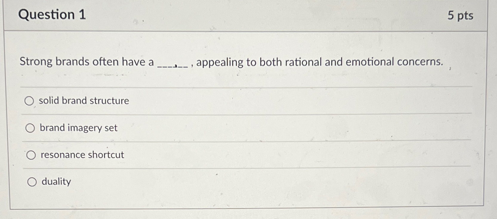  Question 1 5 pts Strong brands often have a , appealing
