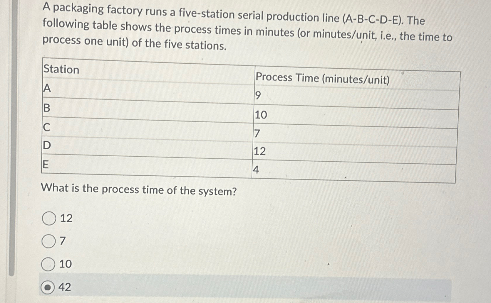  A packaging factory runs a five-station serial production line (A-B-C-D-E). The