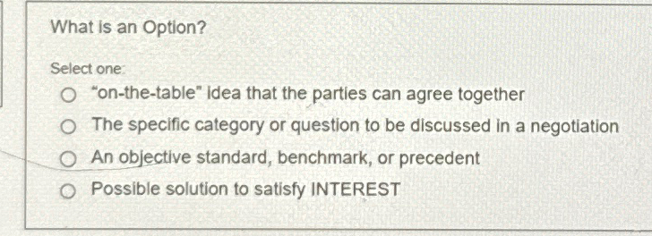  What is an Option? Select one: "on-the-table" idea that the parties