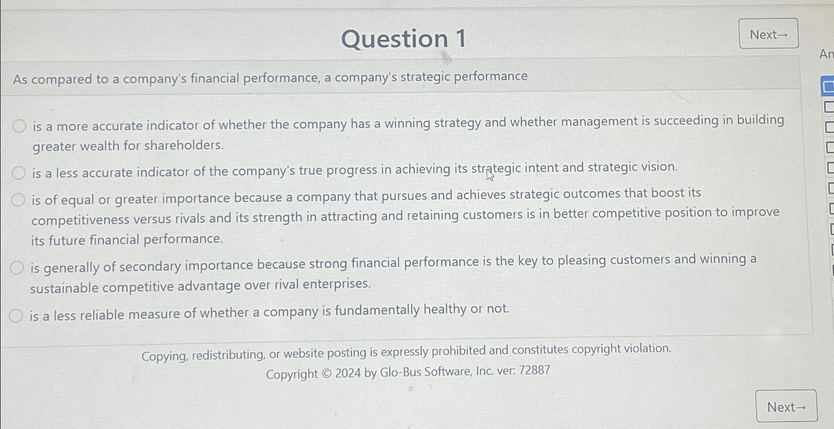  Question 1 Next As compared to a company's financial performance, a