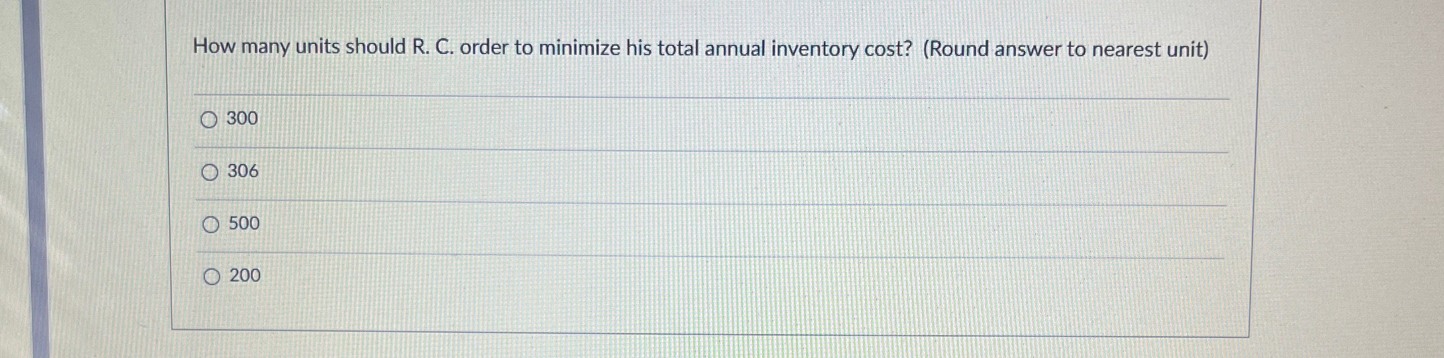  How many units should R. C. order to minimize his total