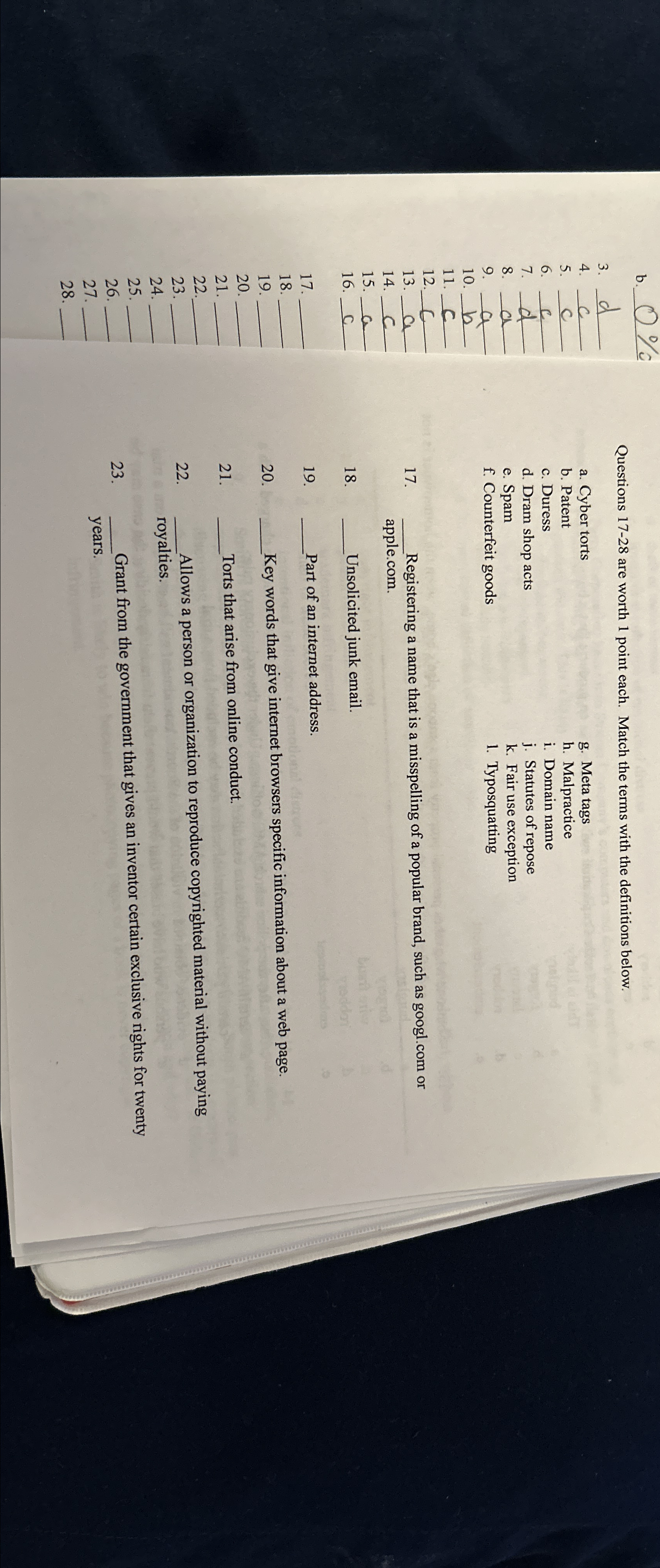  Questions 17-28 are worth 1 point each. Match the terms with