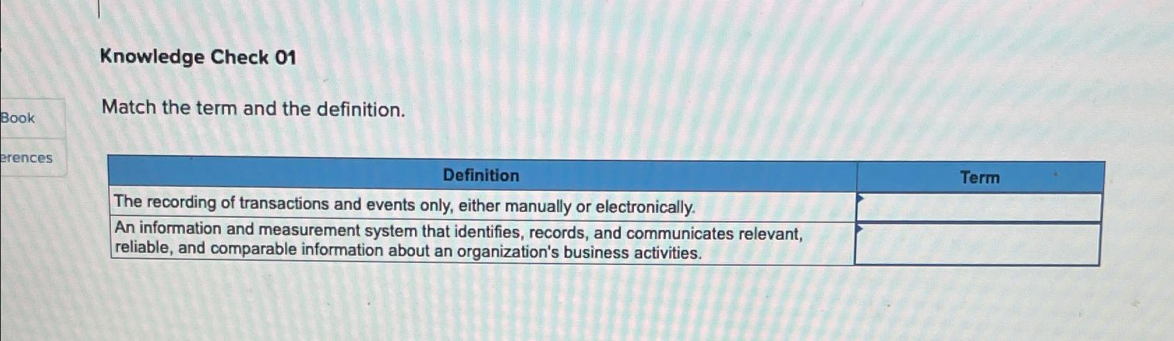  Knowledge Check 01 Match the term and the definition. \table[[Definition,Term],[The recording