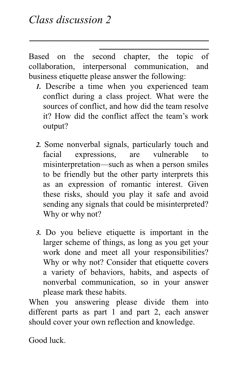  Class discussion 2 Based on the second chapter, the topic of