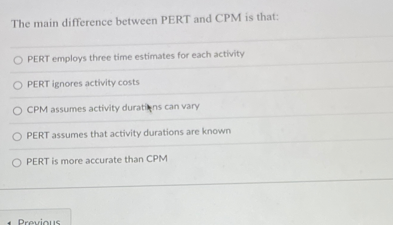  The main difference between PERT and CPM is that: PERT employs