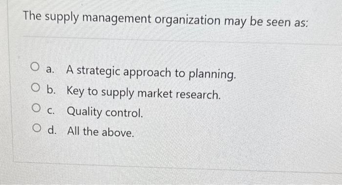 the above. The supply chain may include: a. Distribution b. Integration c.