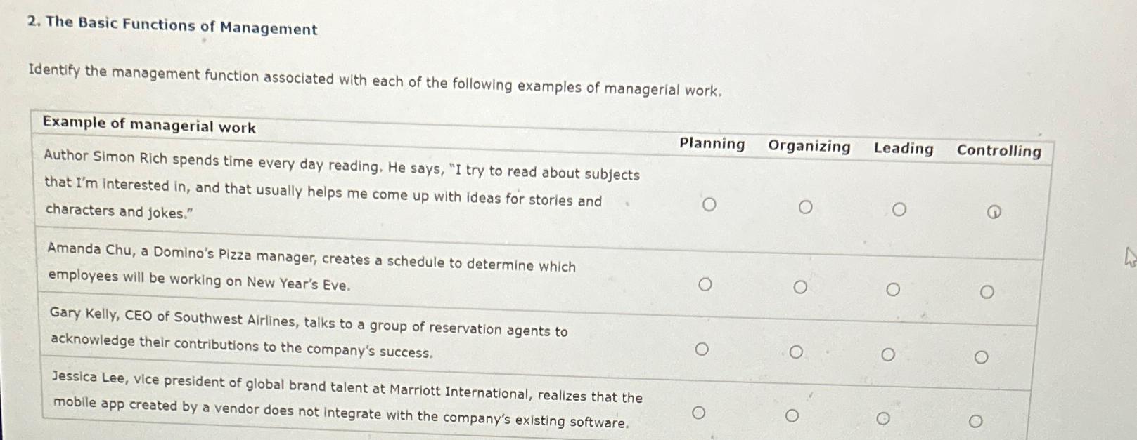  The Basic Functions of Management Identify the management function associated with