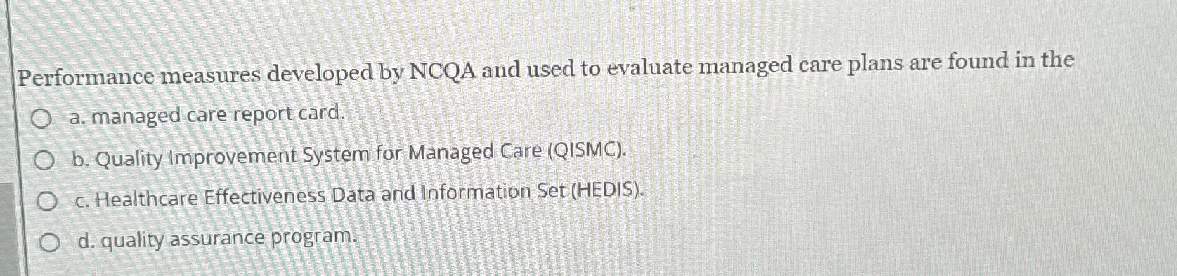  Performance measures developed by NCQA and used to evaluate managed care