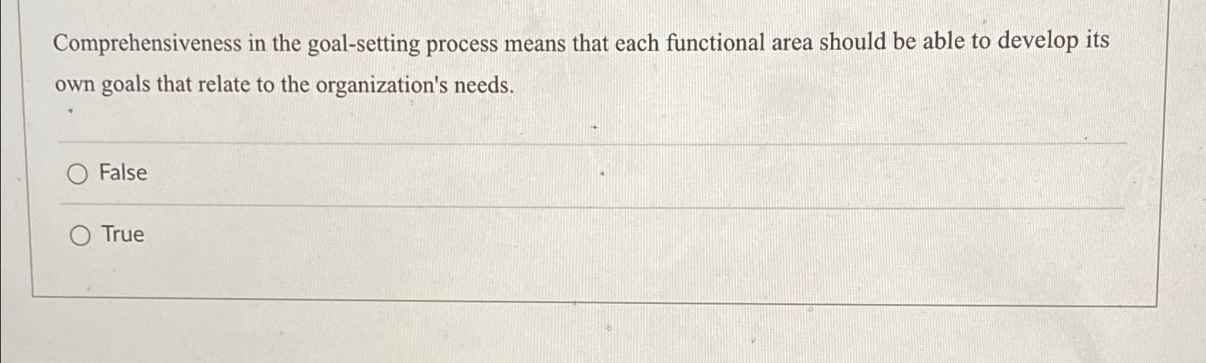  Comprehensiveness in the goal-setting process means that each functional area should