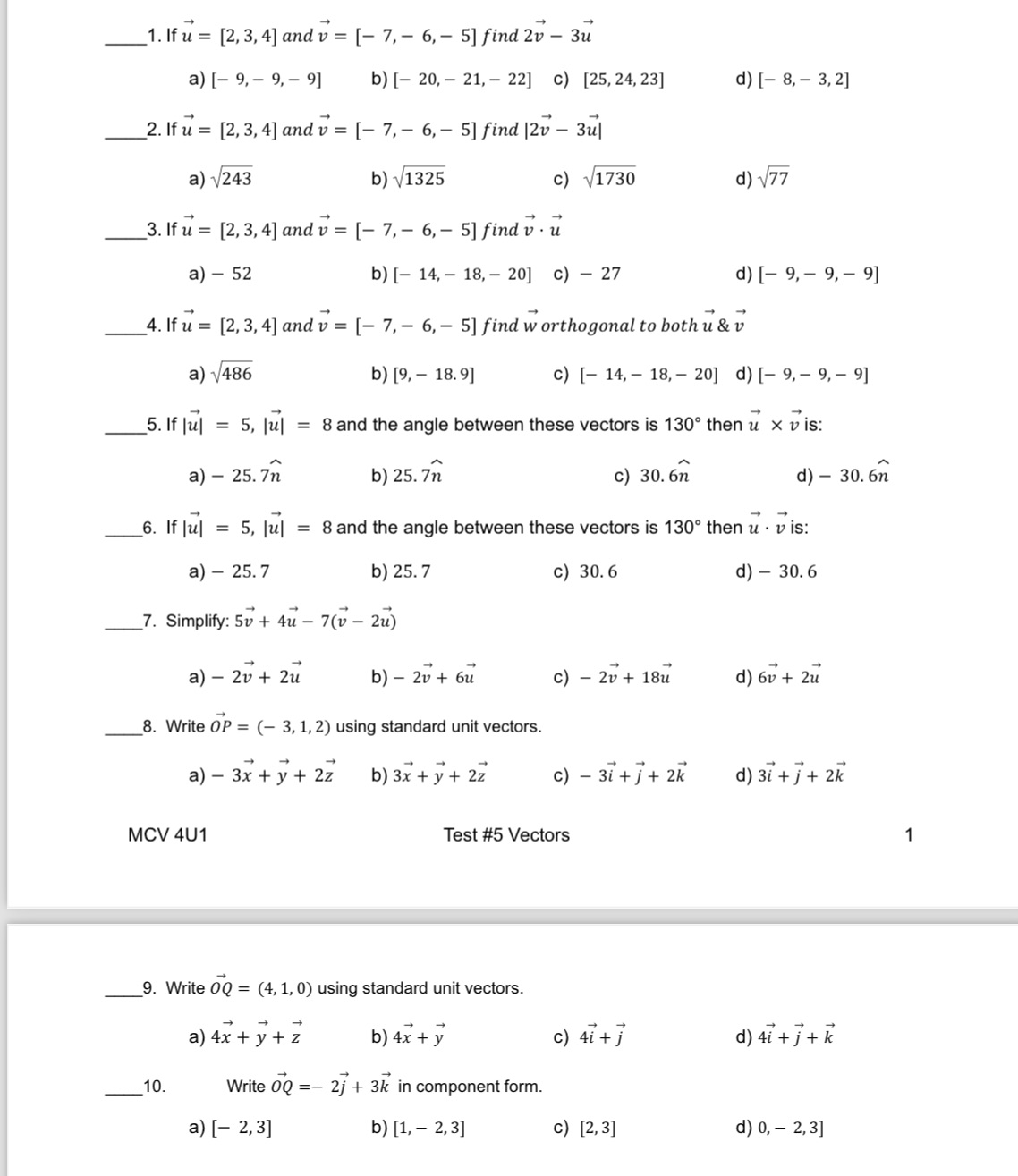  1. If u = [2, 3, 4] and v = [-
